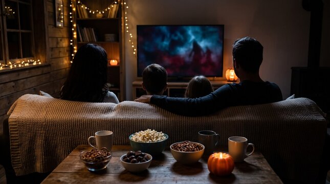 Family watching an intense movie together in a cozy living room at night sitting on a sofa with snacks popcorn and drinks on the wooden table