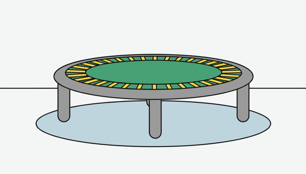 Small backyard garden trampoline with green jumping mat and grey steel legs standing on a blue protective rug.