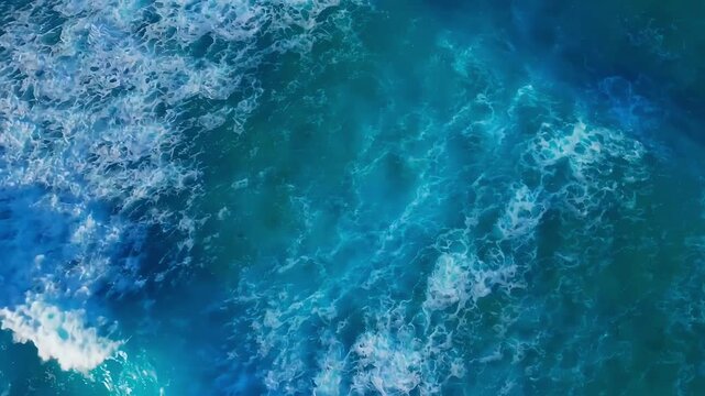 Top-down aerial of turquoise ocean waves with white foam patterns