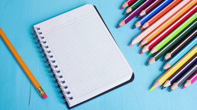 Top View Blank Spiral Notebook with Colored Pencils and Graphite Pencil Vector Illustration for Back to School Office Stationery and Education Concept Isolated Blue Wooden Table Background   