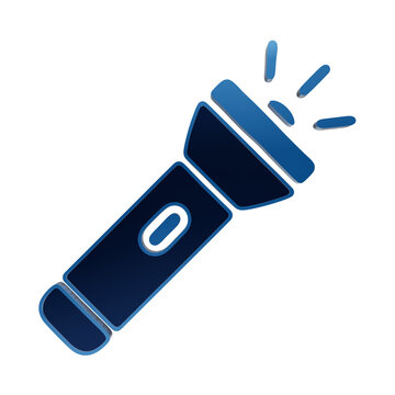 Blue glossy handheld flashlight icon emitting light beams on a dark background, torch hand lamp, lighting device isolated on a transparent background