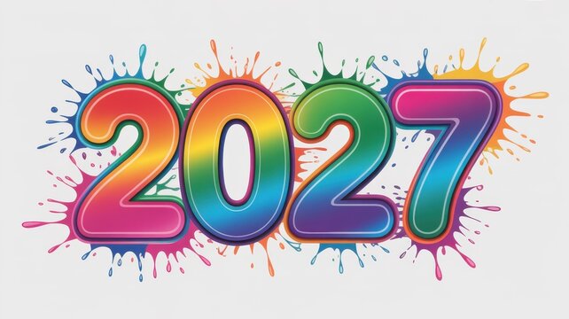 Colorful 2027 number graphic with rainbow splatter effects for future-themed designs
