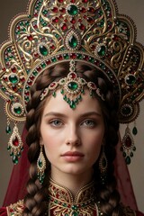 Obraz premium Beautiful young Russian woman wears ornate kokoshnik headdress with emerald, ruby gems. Traditional Slavic folk costume features gold embroidery, long brown braids. Elegant girl poses in regal ethnic
