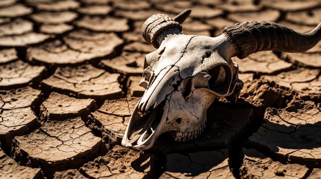 Weathered animal skull lies on parched cracked earth. Dry bone with horns rests in desert wilderness. Ground shows extreme drought, heat. Symbol of climate change, global warming, death in barren