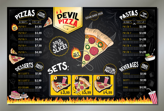 Classic Retro Spicy Devil Pizza Restaurant Table Menu Card Plamat Template - 17x11 in Ledger Format - vector illustration