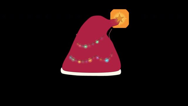 Cute cartoon Christmas santa hat with colorful blinking lights and glowing star on transparent background