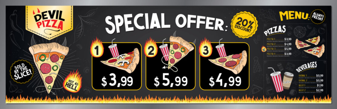 Classic Retro Spicy Devil Pizza Food Truck Ordering Board Banner Template - 200x60 cm - vector illustration