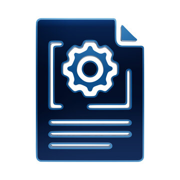 Blue glowing document sheet icon with gear mechanism symbol for technical report or settings concept isolated on a transparent background