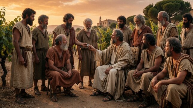 Ancient landowner gives silver coin to worker in vineyard. Group of men in biblical tunics listen during wage payment. Angry laborers grumble about unfair pay at sunset. Biblical parable scene shows