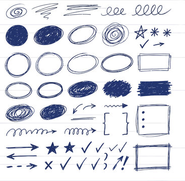 Collection of hand drawn scribbles and shapes in blue ink on lined paper doodles