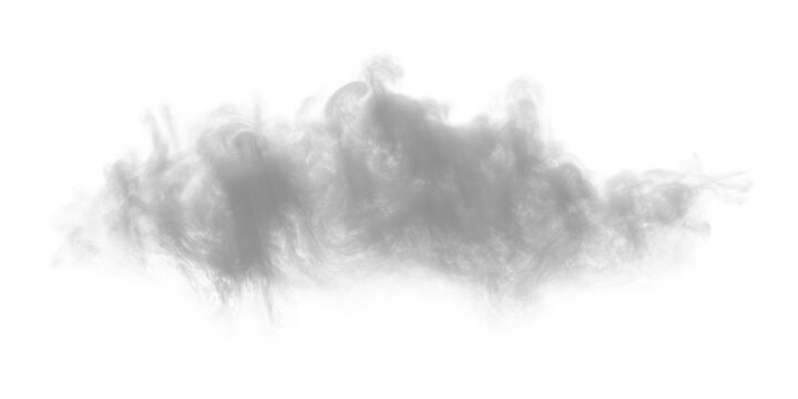 Realistic grey smoke cloud isolated on transparent background. Wispy steam overlay for design. Atmospheric fog effect