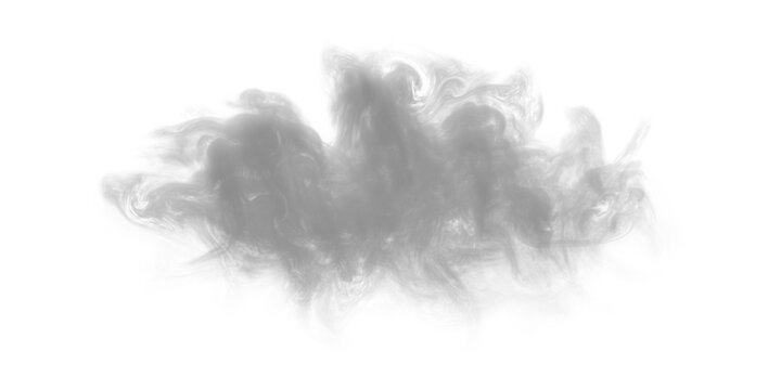 Grey smoke puff isolated on transparent background. Realistic steam cloud overlay. Wispy vapor texture for design