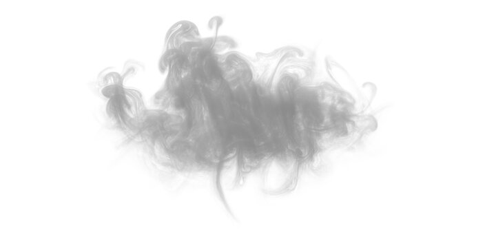 Wispy grey smoke puff rising on transparent background. Realistic vapor cloud overlay. Swirling steam texture for graphic design