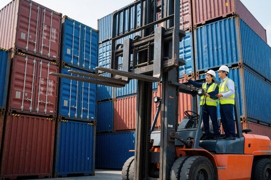 Two logistics workers in safety vests, hard hats stand on orange forklift at container terminal. Male, female staff inspect cargo shipment among stacked colorful shipping containers. Industrial port