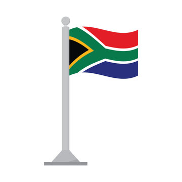 South Africa National Flag Waving on a Flagpole Isolated on White Background Representing Patriotism, National Identity