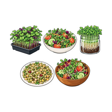 Microgreens Collection Vector, Fresh Sprouts, Microgreen Salad and Homegrown Microgreens Illustration.