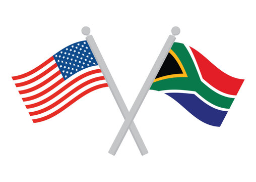 USA and South Africa Flags Waving on Crossed Flagpoles