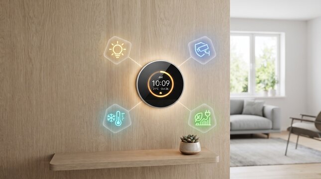 Smart Thermostat Hub with Holographic Home Automation Icons Mounted on Wooden Wall