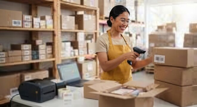 A smiling e-commerce warehouse worker in an apron scanning a barcode on a cardboard box at her packing station with shelves full of inventory in the background