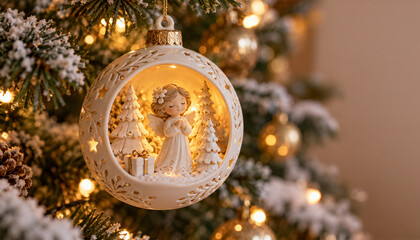 Obraz premium Glowing Christmas ornament with praying angel, miniature snowy trees and gift hanging on festive tree with warm golden lights