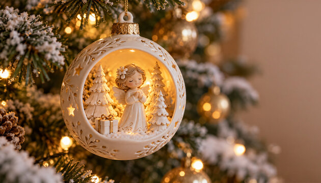Glowing Christmas ornament with praying angel, miniature snowy trees and gift hanging on festive tree with warm golden lights