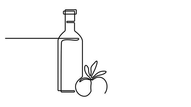 Abstract bottle with olive and branch with olives. Self drawing animation one continuous line draw, The best quality olive oil. National Olive Day. Full length animation