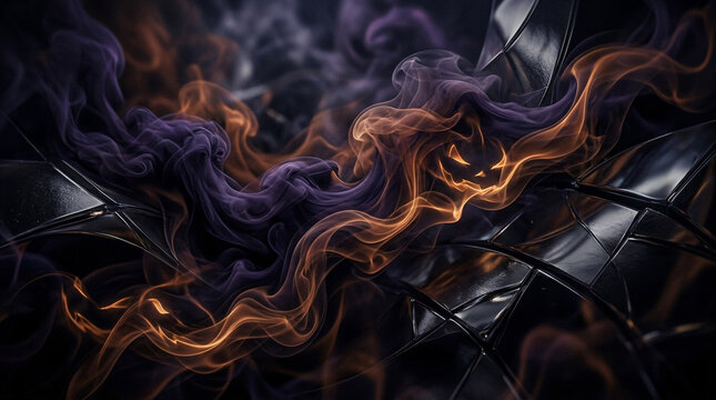 Dark Halloween background with swirling purple and orange smoke forming a glowing jack-o'-lantern face over a metallic geometric surface