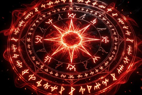 Glowing red magic runes form circular spell on black background. Fiery mystical symbol with ancient fantasy writing shines bright. Energetic occult ring creates arcane ritual effect. Dark magic