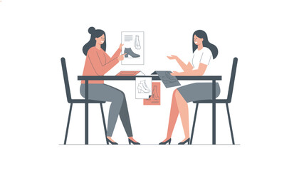 Fototapeta premium Fashion design consultation with two women sitting at a table reviewing shoe sketches and mockups.