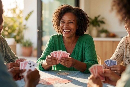 Smiling middle aged Black woman plays cards with diverse friends at home. Happy African American lady holds playing cards during fun game night. Group of people laugh, enjoy leisure time together at
