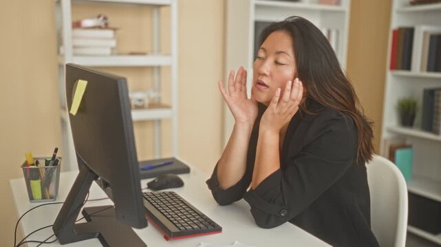 Young woman at computer wearing blazer, hands on cheeks with bored pout at desk in office building; boredom fatigue.