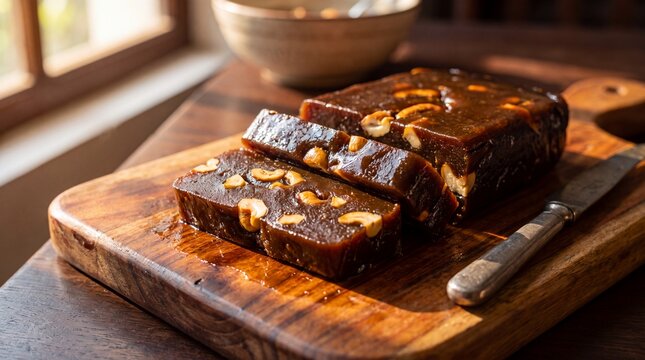 Sliced traditional Sri Lankan Kalu Dodol sweet cake filled with cashews on a rustic wooden cutting board, generative AI