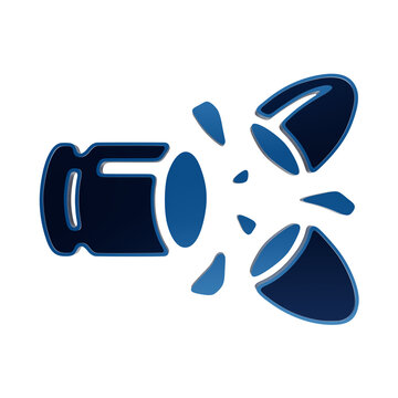 Blue glowing neon bullet casing and shrapnel explosion impact icon symbol on dark background ammunition isolated on a transparent background