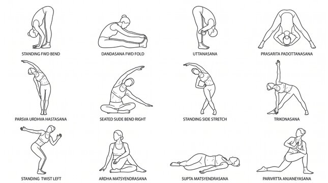 Set of yoga poses and stretching exercises illustrated in a clean line art style.
