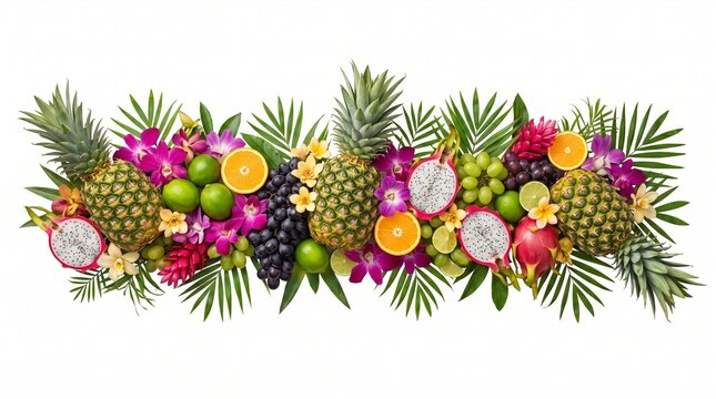 Vibrant tropical fruit border arrangement featuring pineapples oranges dragon fruit grapes and orchids on white background