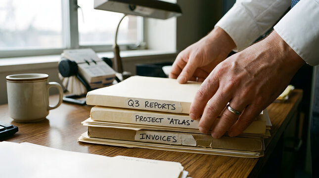 A business person organizing and sorting paper file folders labeled reports and invoices on an office desk