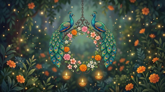 Ornate Hanging Peacock Wreath with Burning Oil Lamps, Pink Lotus, Marigold Flowers for Diwali Festive Celebration and Traditional Indian Decor.