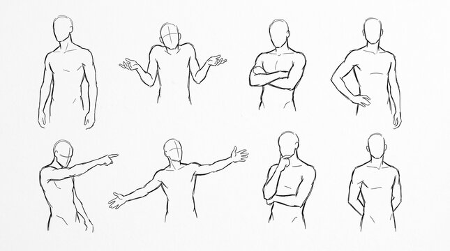 Set of hand drawn sketches showing various male body postures and gestures.