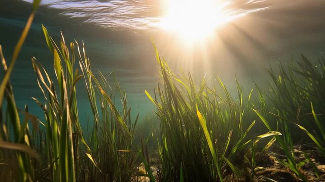 Underwater seagrass meadow featuring eelgrass, illuminated by beautiful sunlight rays in Atlantic Ocean waters, 4K video