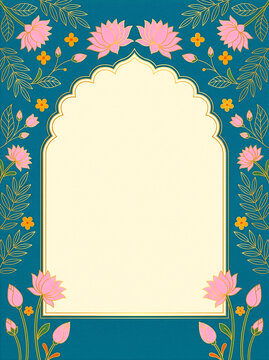 Indian Mughal arch invitation template with pink lotus flowers and golden leaves on teal background