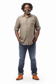 A confident and friendly portrait against white background featuring casual attire with beige button-up shirt, relaxed denim jeans and brown suede boots, radiating warmth and approachability.
