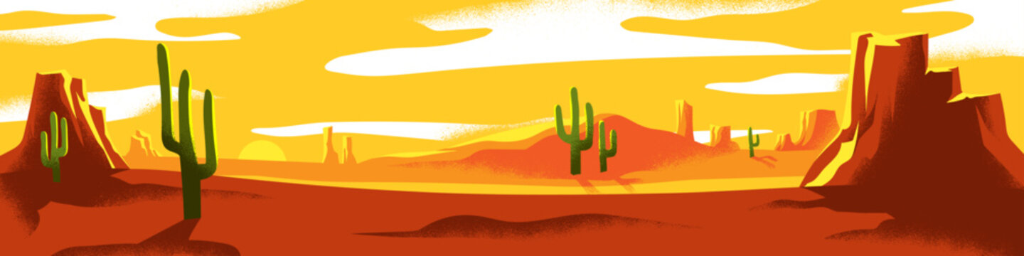 Sunset desert landscape. Background with silhouettes of mountains, cactus and sky in evening sun light. Wilderness landscape in sundown or sunrise. Western American desert panorama. Wild West scene
