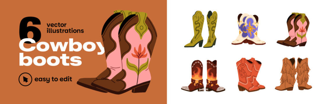 Cowboy boots set. Vintage West American leather shoes design. Cowboy and cowgirl boots with fashion pattern. Retro Western footwear with fashion design. Cowgirl vintage apparel for rodeo in Texas