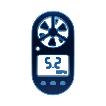 Blue 3D glossy anemometer wind speed meter icon with digital display on dark background isolated on a transparent background