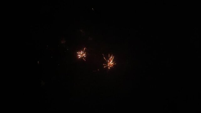 Stunning video footage of vibrant colorful fireworks exploding and sparkling brightly against a dark black night sky during a festive celebration.