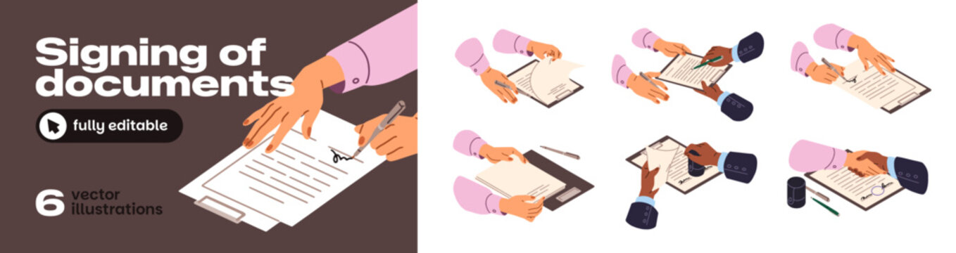 Signing of formal documents set. Female hands put seals and signatures on legal documents. Conclusion of contracts with pen. Signatures on official notary papers. Business agreements and partnership