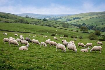 Fototapeta premium Flock of sheep grazing in lush green pasture with rolling hills, peaceful rural farm scene for countryside content