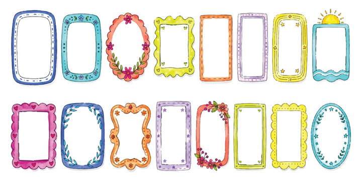 Set of colorful hand drawn doodle picture frames and decorative borders for scrapbooking