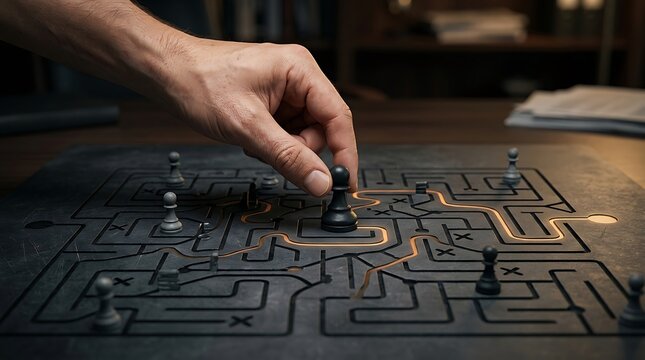 A person moving a chess piece on a complex stone maze board.