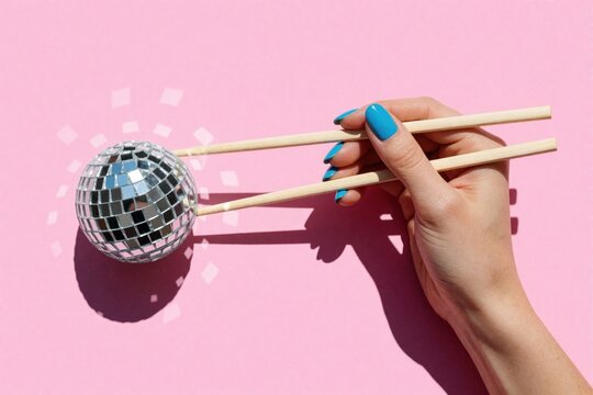 Woman hand with blue nails holds small disco ball using wooden chopsticks. Retro 90s fashion concept on pastel pink background. Creative minimal food art idea for party music theme funky nightclub